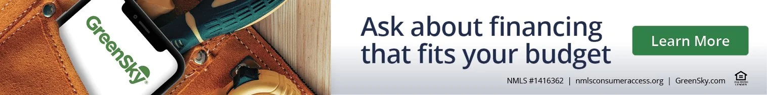 Banner advertisement for GreenSky with text asking about financing that fits your budget, a "Learn More" button, and partial views of a smartphone, a leather wallet, and tools.