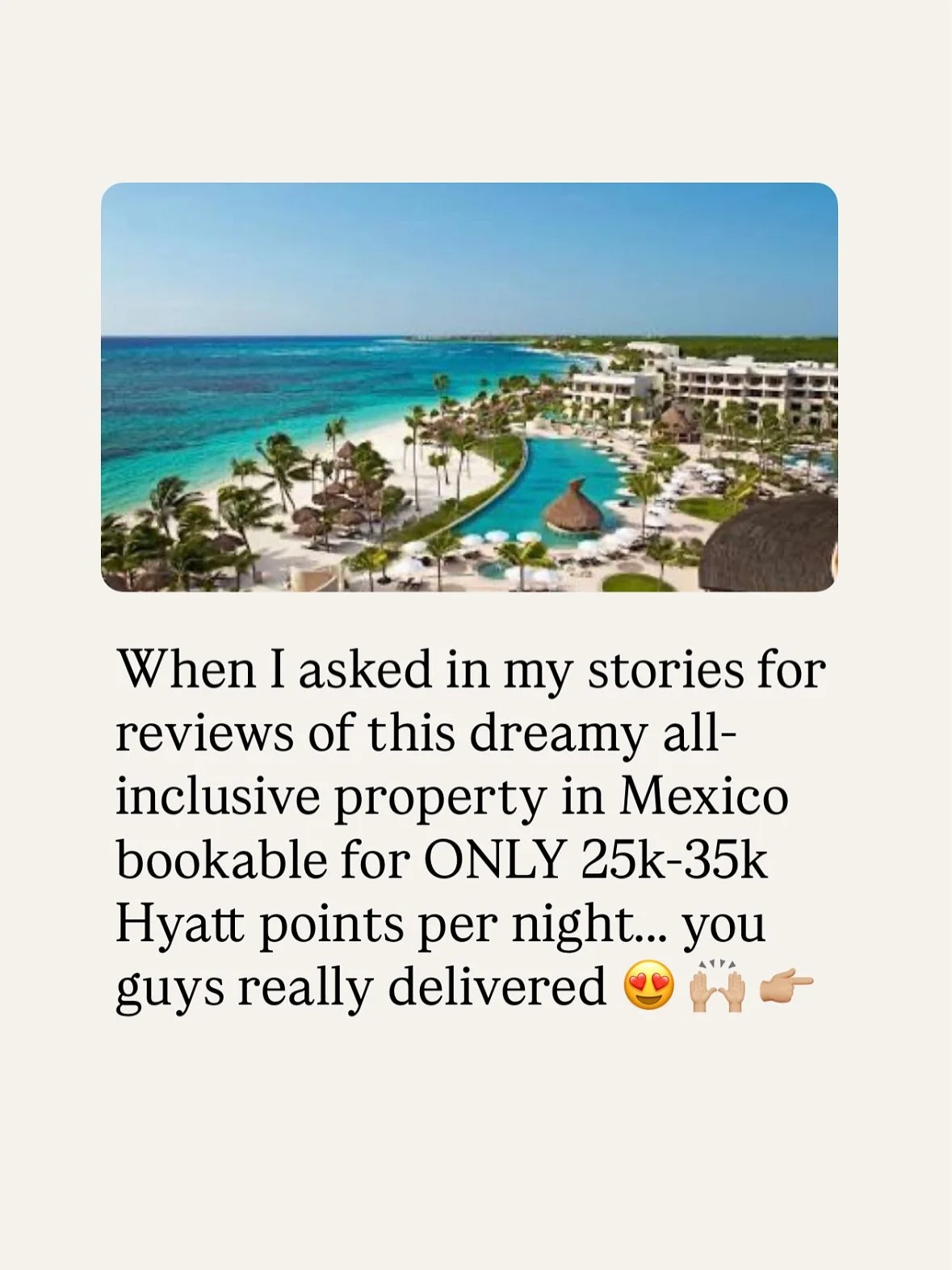 Add this one to your bucketlist!!!!

All Inclusive &ldquo;sweet spot&rdquo; for only 25k-35k points per night - yes please!!!!

#worldofhyatt #creditcardpoints #allinclusiveresort #secretsresorts