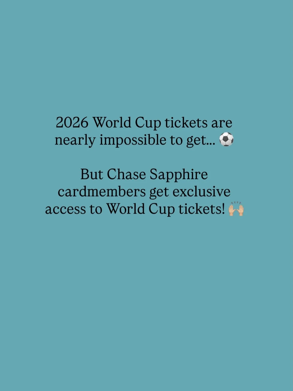Comment &ldquo;link&rdquo; for more info on early access to World Cup tickets for Chase Sapphire cardmembers! 

Let&rsquo;s Travel Talk May Receive Commission from JPMC.