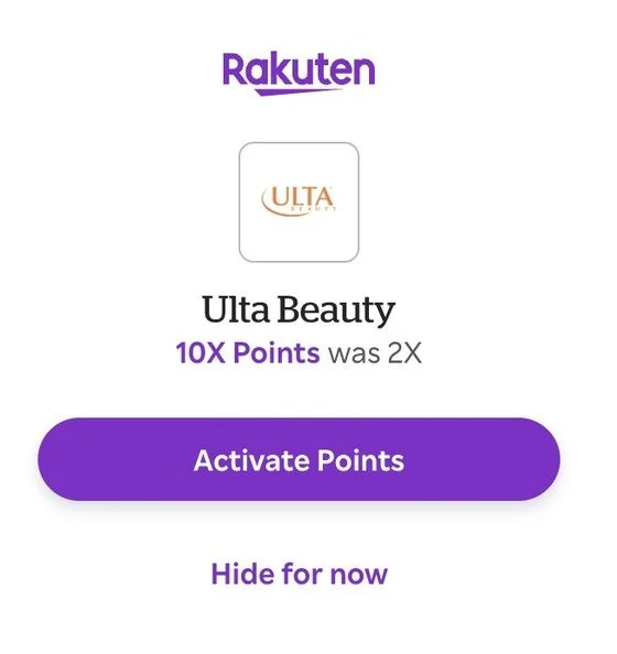 The Rakuten browser extension pop-up on the Ulta Beauty website, with a purple Activate Points button
