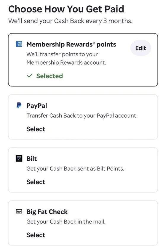 The Choose How You Get Paid screen in the Rakuten app, with Membership Rewards® points selected and PayPal, Bilt, and Big Fat Check as the other options