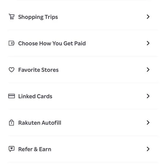 The Account menu in the Rakuten app, showing Choose How You Get Paid between Shopping Trips and Favorite Stores