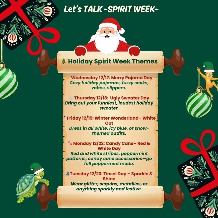 🎄✨ It&rsquo;s the most spirited week of the year! ✨🎄
Join us for Holiday Spirit Week and bring the cheer each day &mdash; from cozy PJs to candy-cane stripes to the ultimate ugly sweater showdown. ❄️🎁

#HolidaySpiritWeek #SchoolSpirit #FestiveFun 