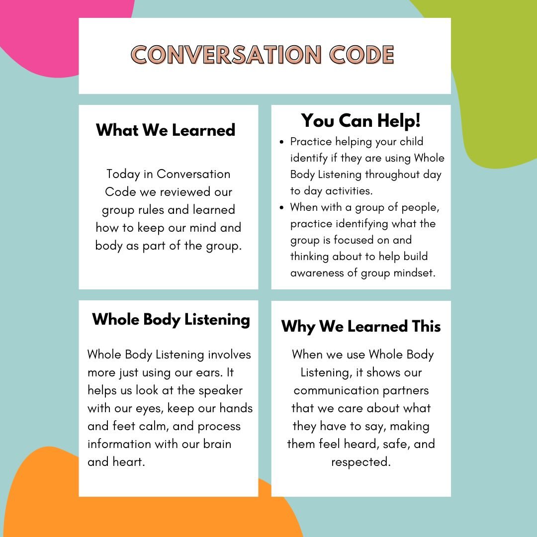 🗣️💬 Conversation Code in action!

This week&rsquo;s speech social group, we practiced Whole Body Listening &mdash; keeping our eyes, body, brain, and heart engaged as part of the group.

These skills help children stay connected, understand others&