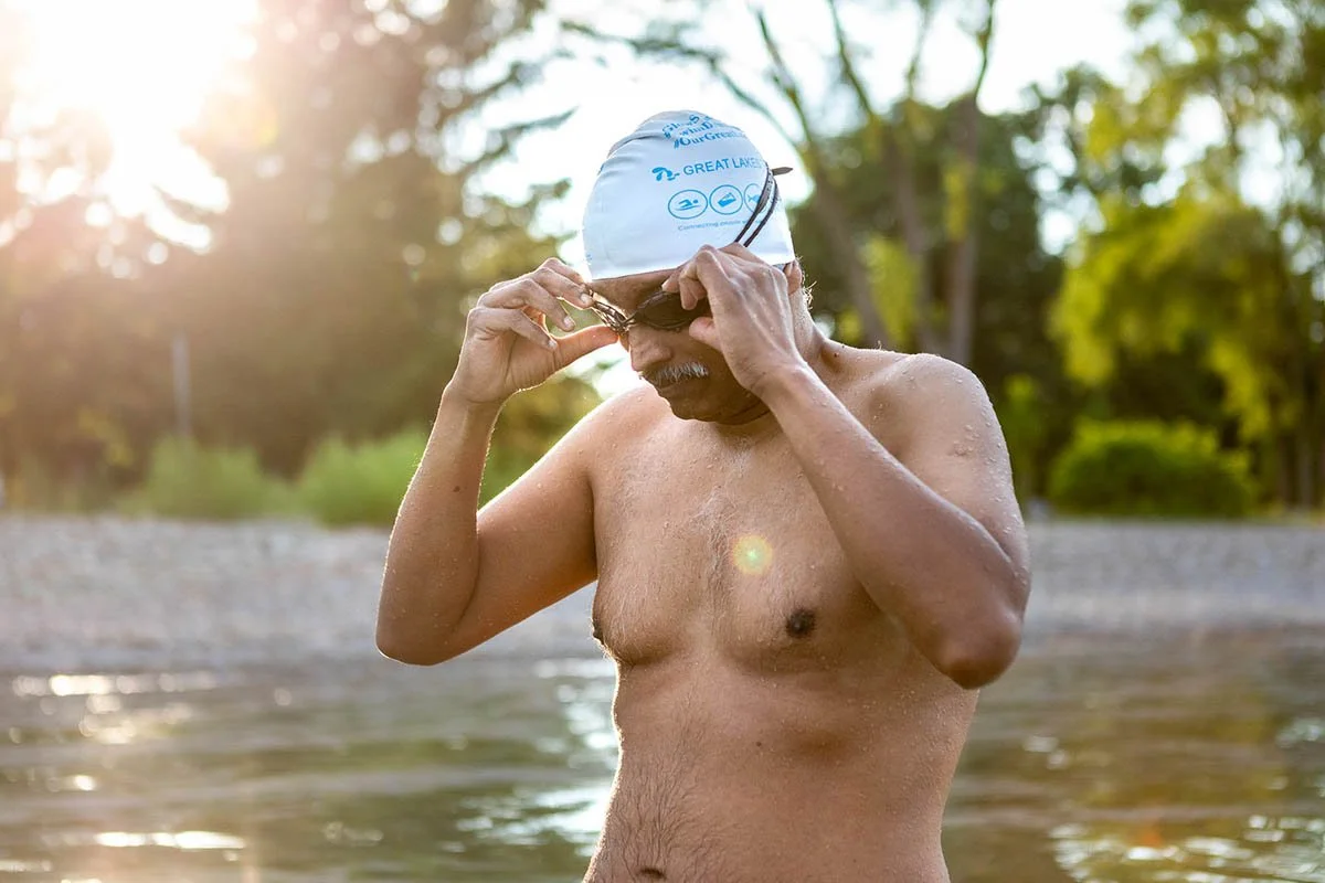 Madhu Nagaraja prepares himself before an open water swimming