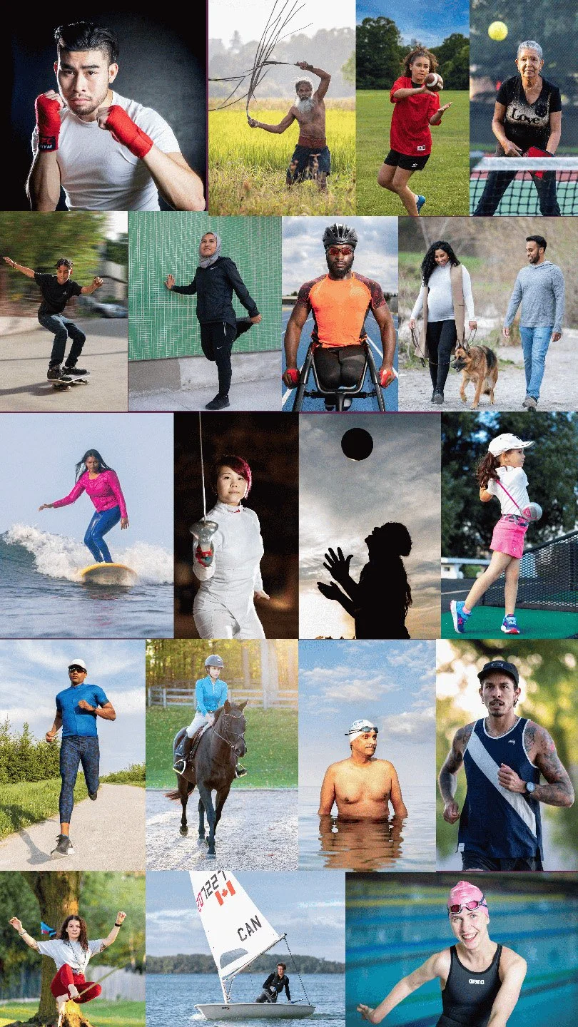 Photo collage of people of all ages, backgrounds, and activities participaing in movement such as running, surfing, fencing, soccer, swimming, golf, sailing, slackling, wheelchair racing, pickleball, boxing, angampora