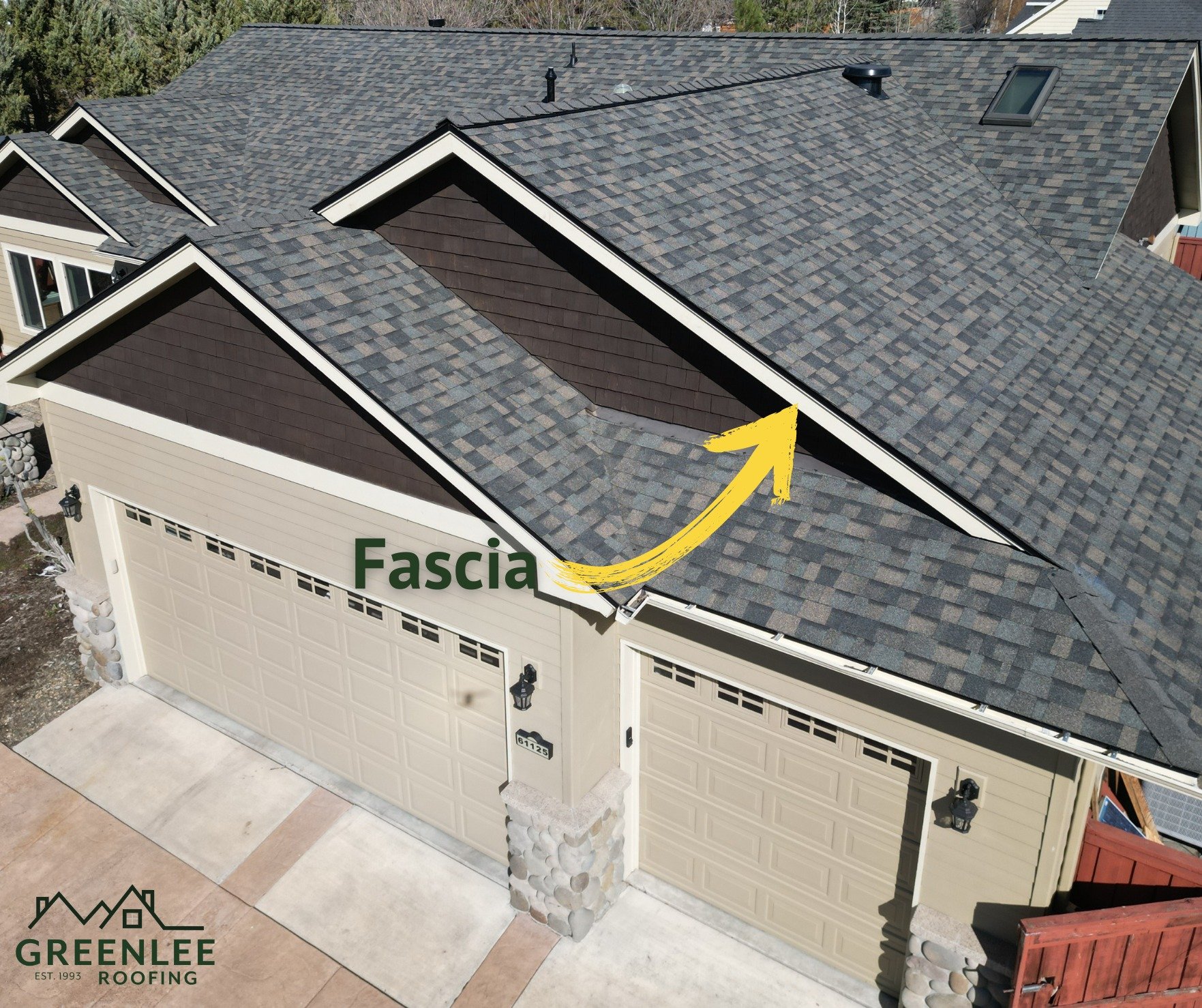 This dark variegated roof looks stunning against the white fascia on this home! The fascia supports the roof, shingles, and gutter. It also helps to keep moisture away from the house as well as giving the roof and home a more finished look. We think 