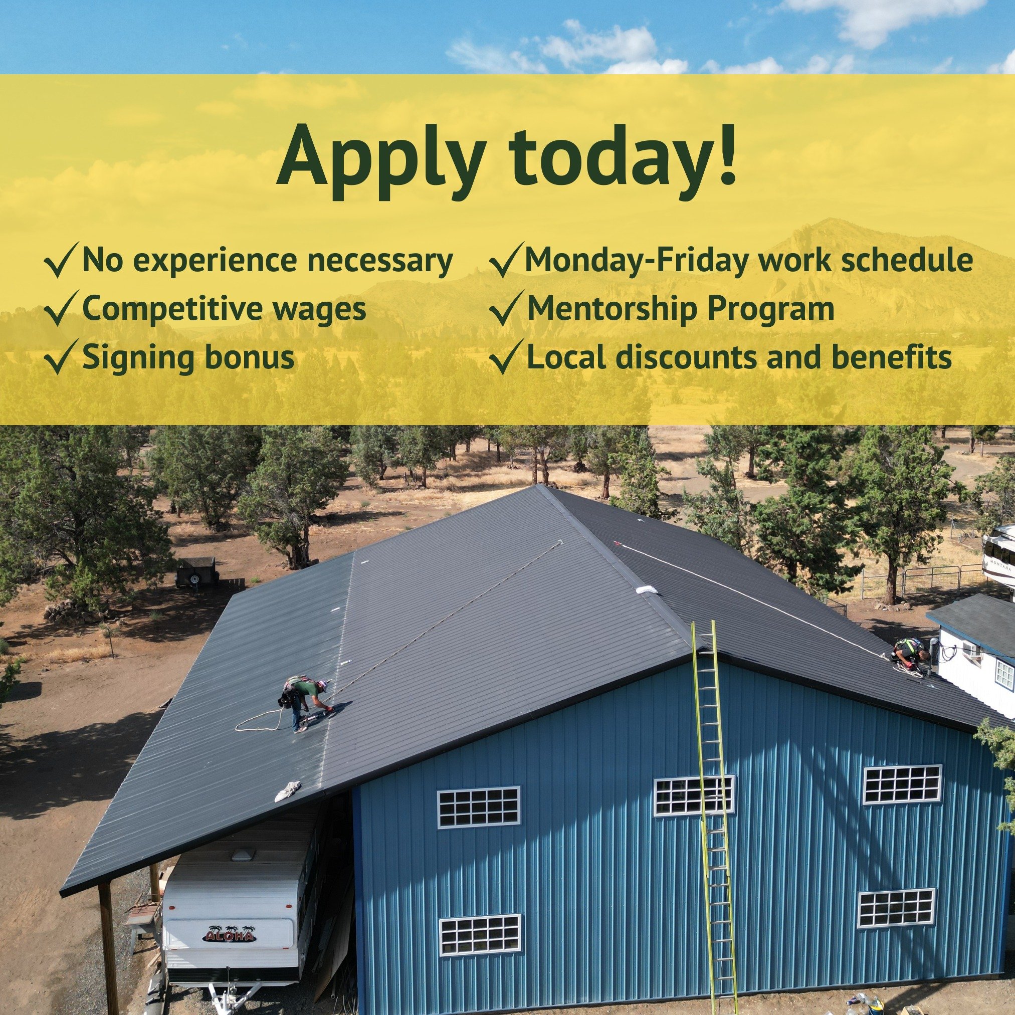 We're looking for individuals with a strong work ethic who take pride in their work and a willingness to learn! If that's you, apply today!

https://www.greenleeroofing.com/join-our-team