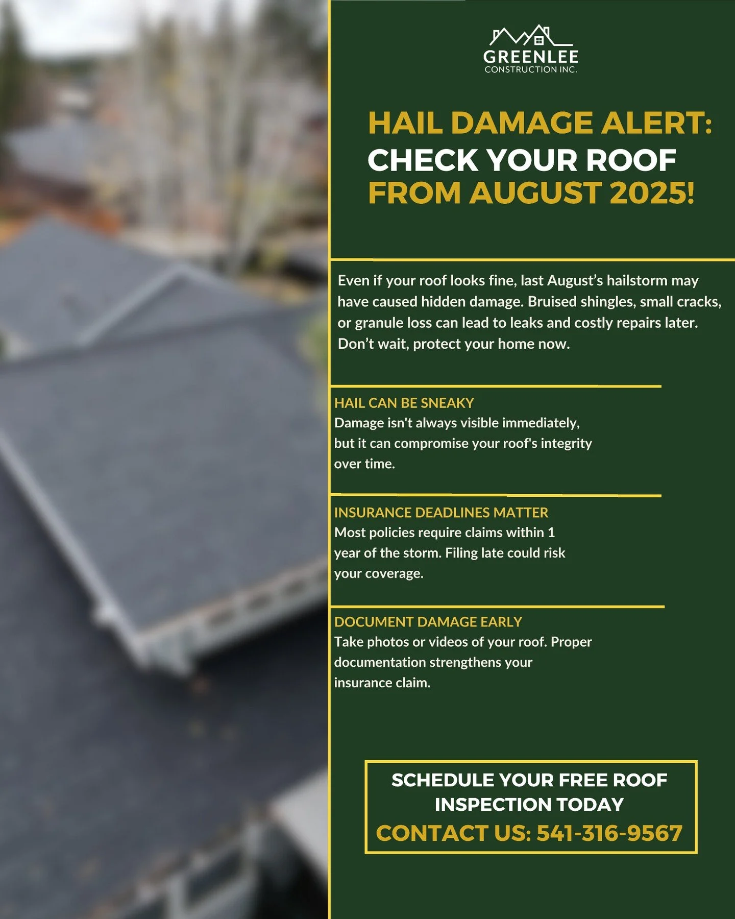 The August 2025 hailstorm likely did more than it appeared. Hail damage to shingles isn't always visible from the ground; bruising, granule loss, and hairline cracks hide, but it will compromise a roof's integrity over time.

Oregon homeowners genera