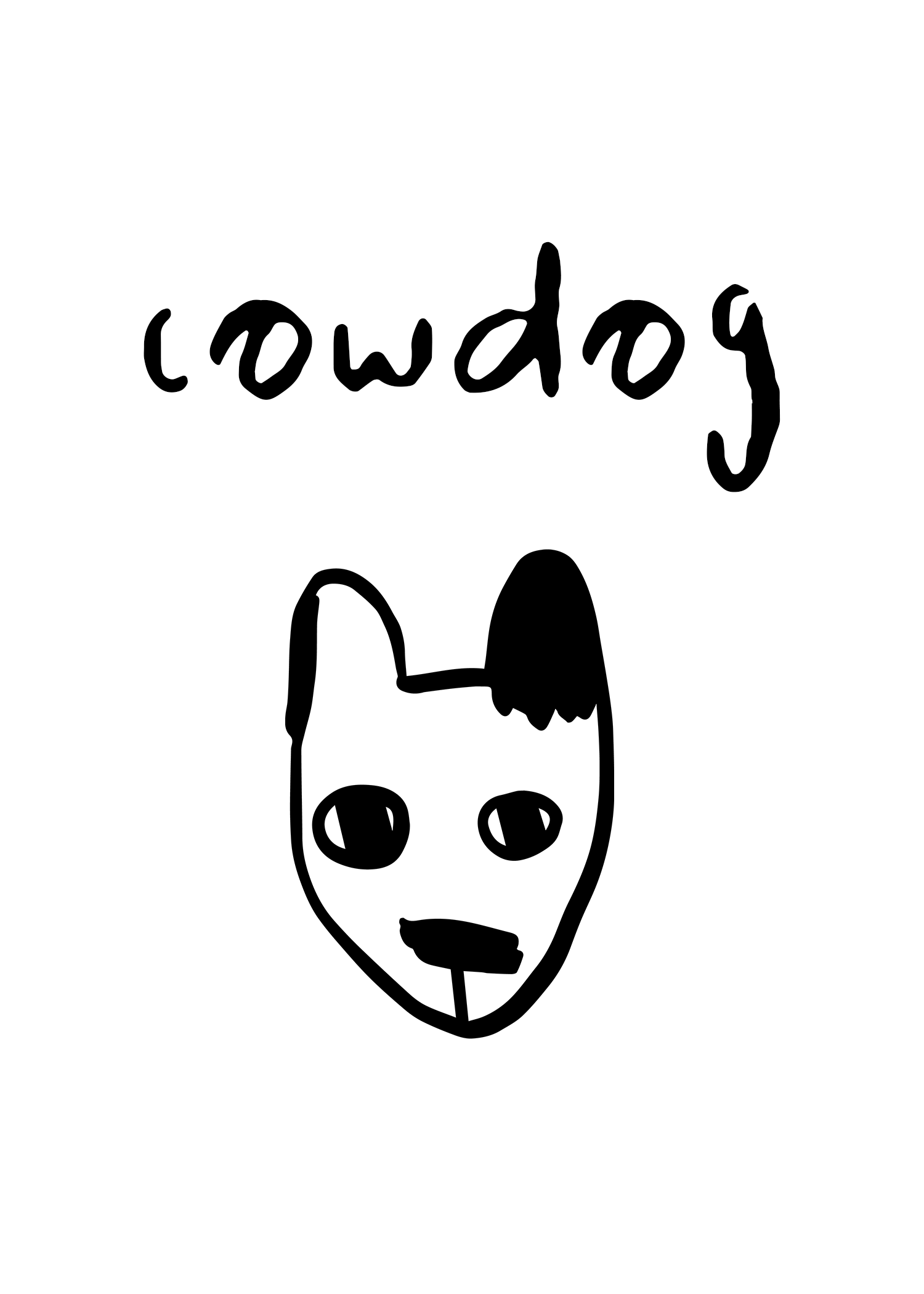 Drawing of a dog face with large eyes and a simple mouth, and the word 'cowdog' written above it in a handwritten style.