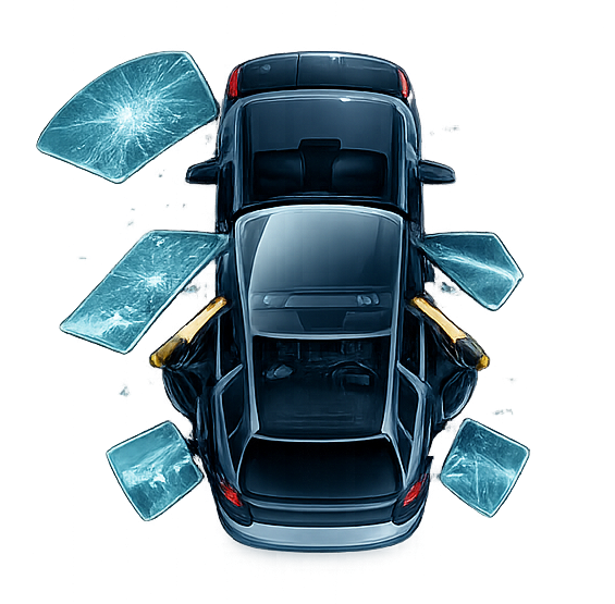 Top-down view of a black car with six shattered glass panels flying around it.