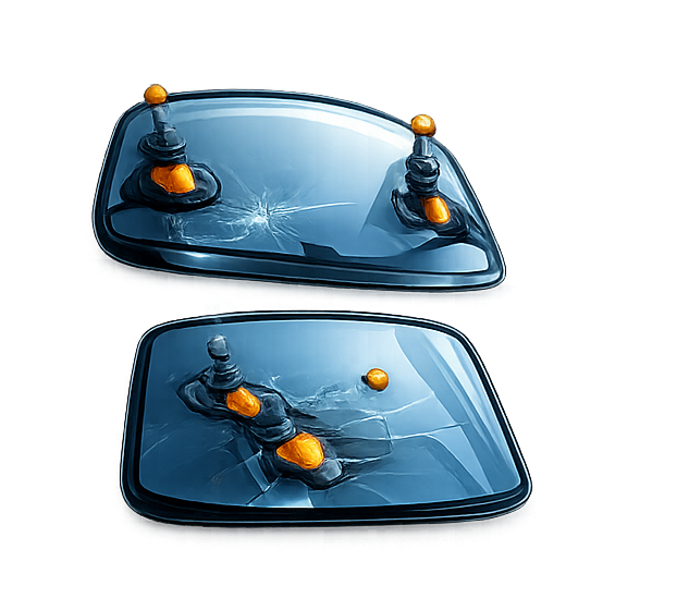 Two police car roof lights, one with its cover peeled off, showing the broken light fixture beneath, lying on top of a damaged police car roof.