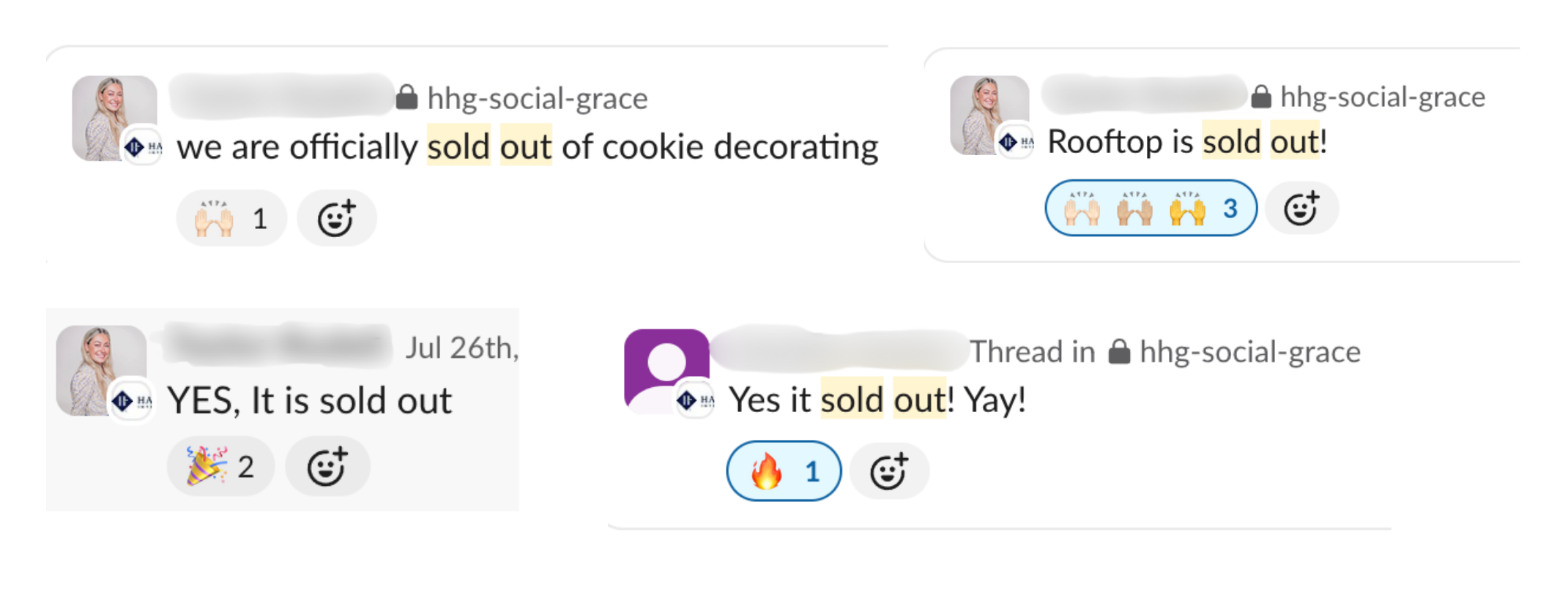 Screenshots of social media posts announcing that cookies' decoration supplies and rooftop are sold out, with emojis and comments showing excitement.