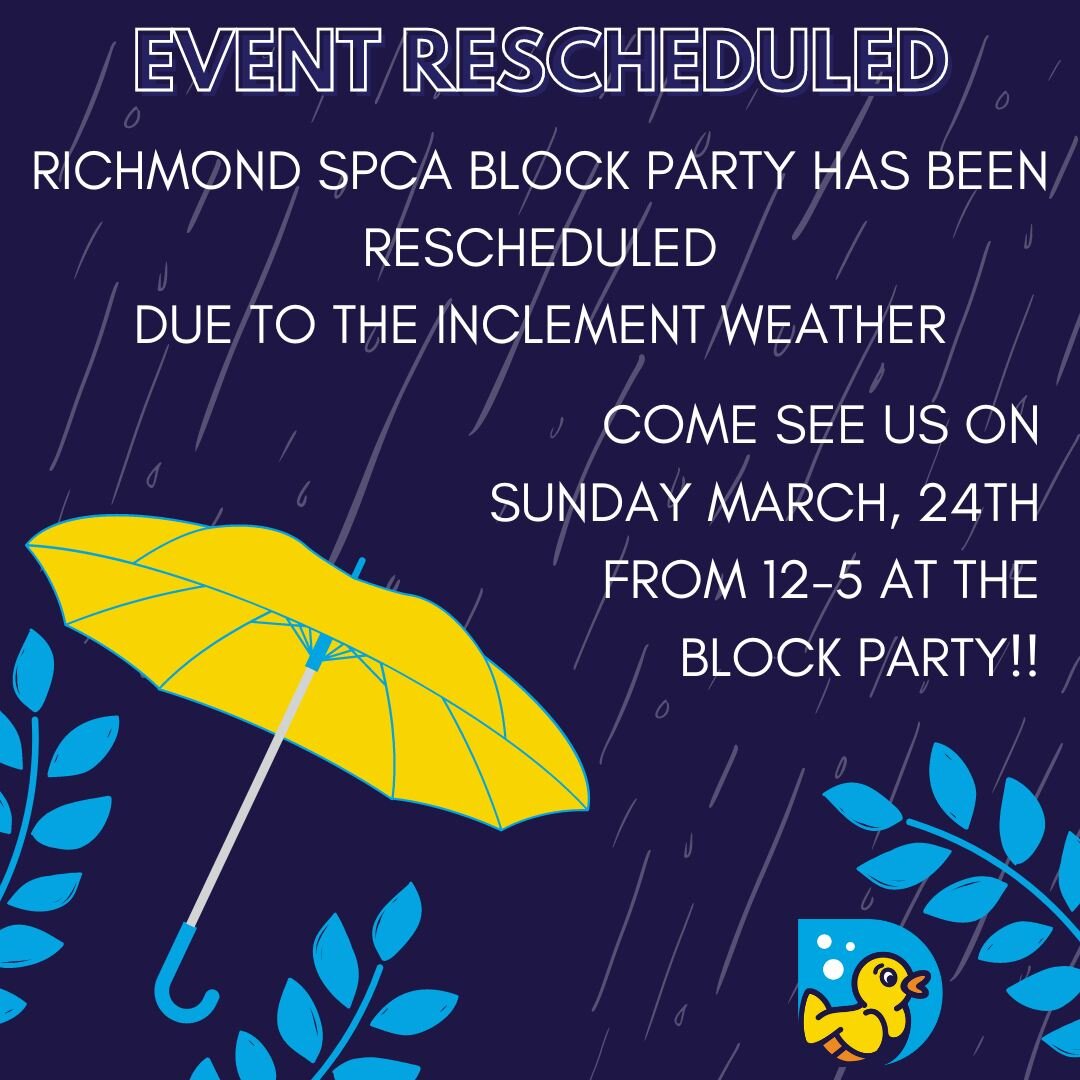 Due to the rain forecasted for Saturday, the Richmond SPCA Block Party will now be on Sunday, March 24th from 12-5pm. Come check out our booth! We hope to see everyone there. #blockparty #richmondspca #powerwashing #ducky