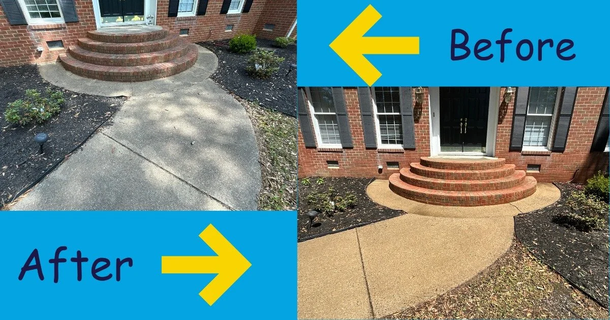 Nothing beats a good before &amp; after 

This aggregate front walkway and brick stair setup was covered in dirt, grime, and organic buildup &mdash; now it&rsquo;s looking bright, clean, and ready to welcome guests again!

Clean concrete + fresh bric