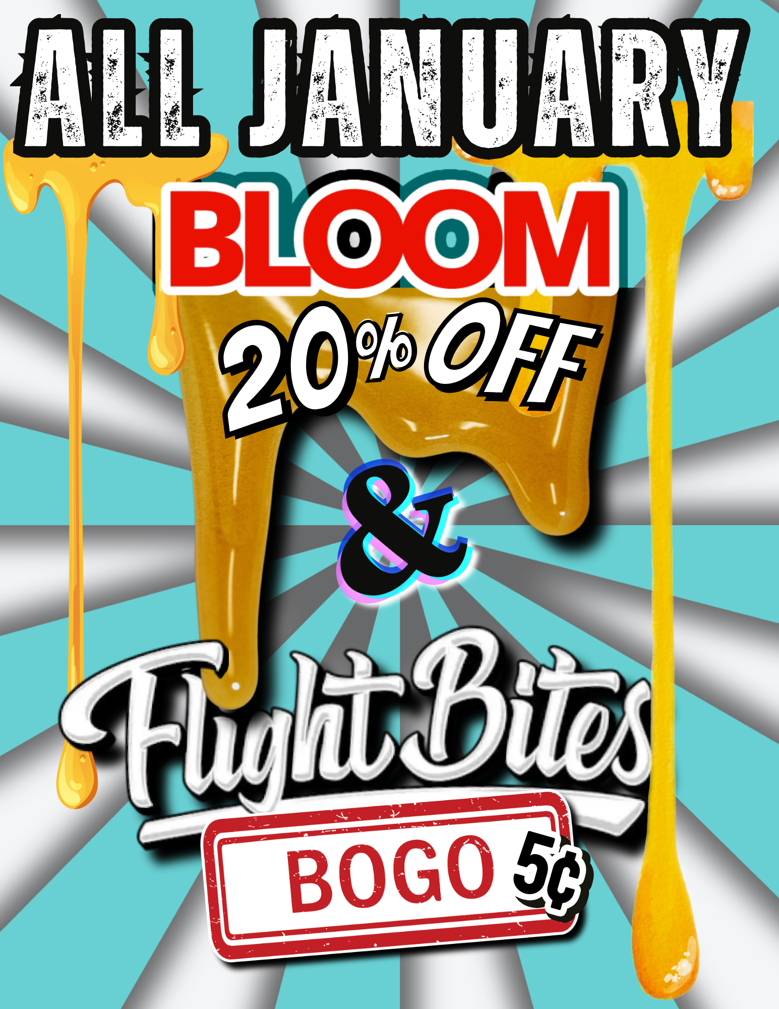 Promotional poster advertising a 20% discount on Flight Bites available throughout January, with a buy-one-get-one-free offer and a 5-cent sale.