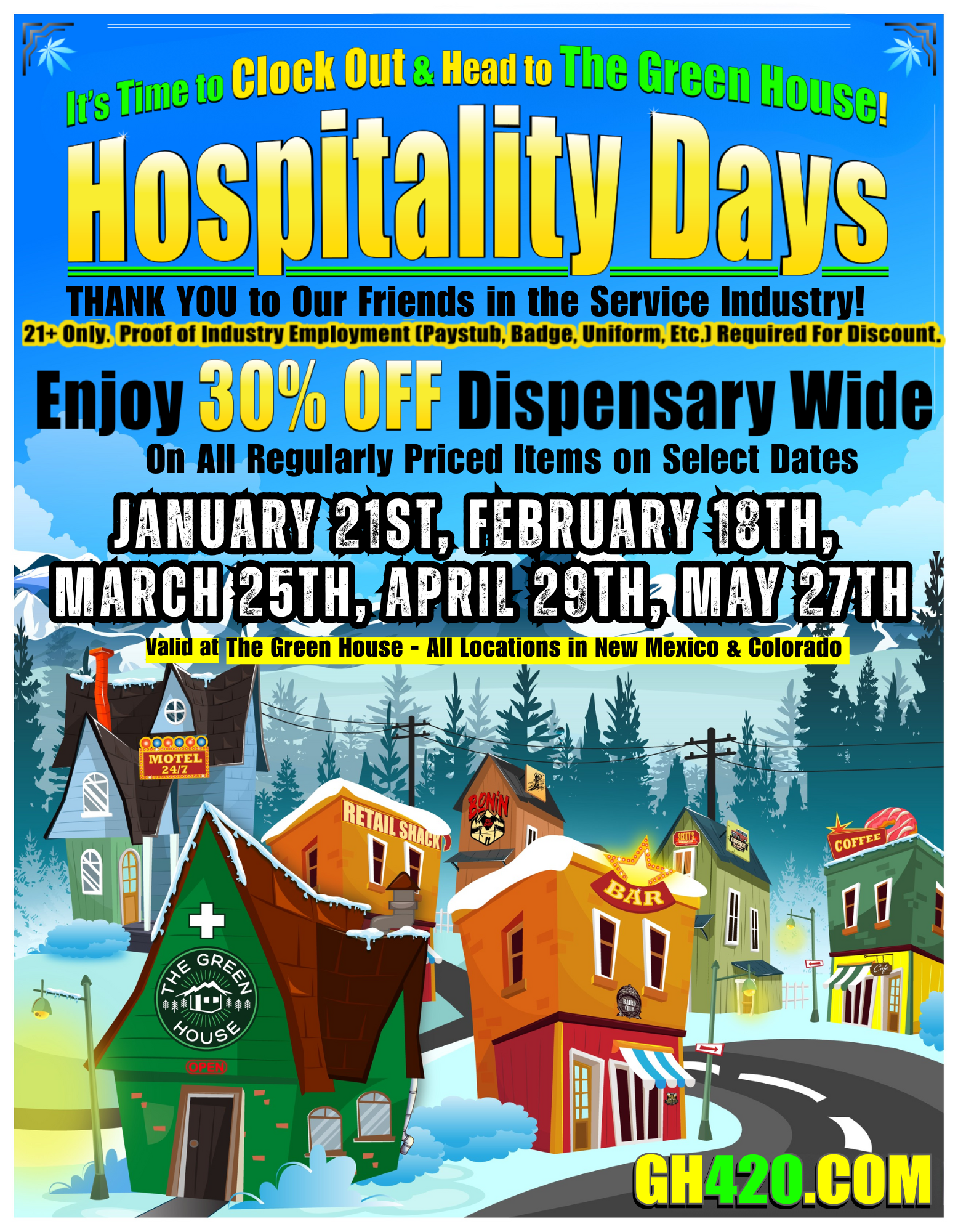 Colorful advertisement for Hospitality Days event with free dispensary discounts, featuring a winter scene with decorated buildings, trees, and snow in green, orange, yellow, and blue colors.