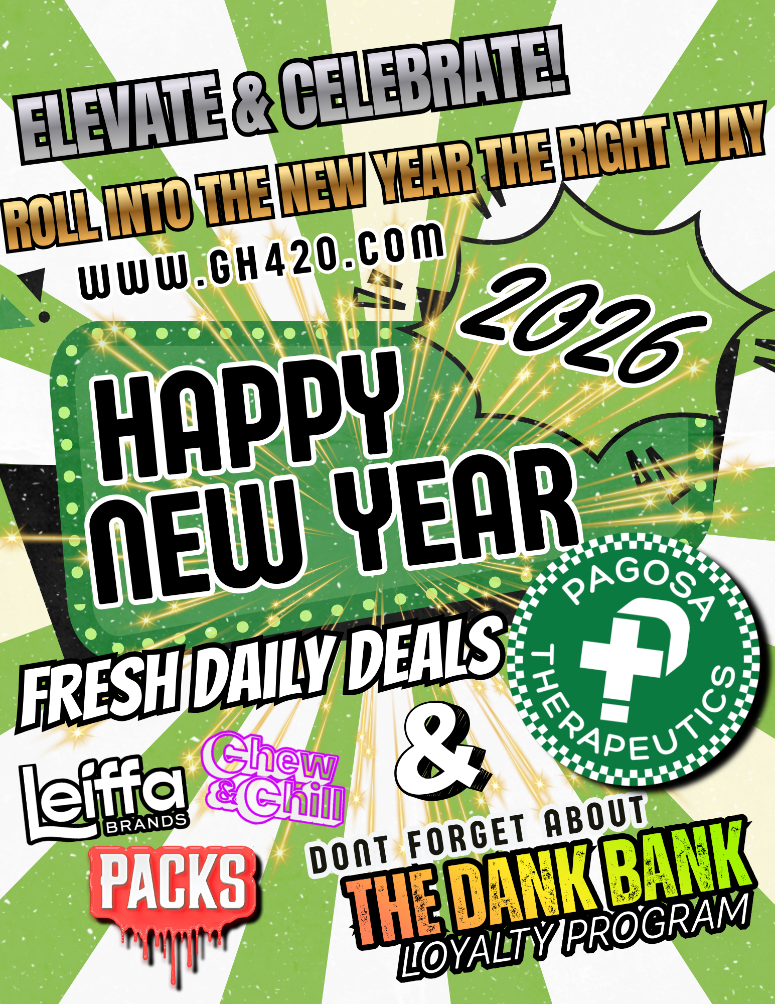 Colorful promotional poster celebrating the New Year with event details, festive graphics, and logos for deals and programs.