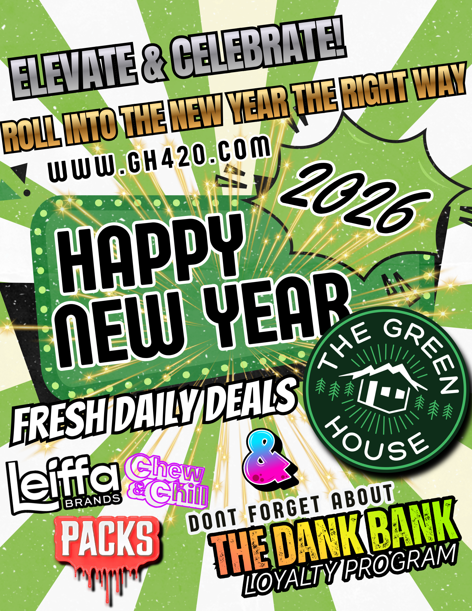 Colorful New Year 2026 celebration poster with text promoting deals and festivities from The Green House, featuring starburst and comic-style graphics.