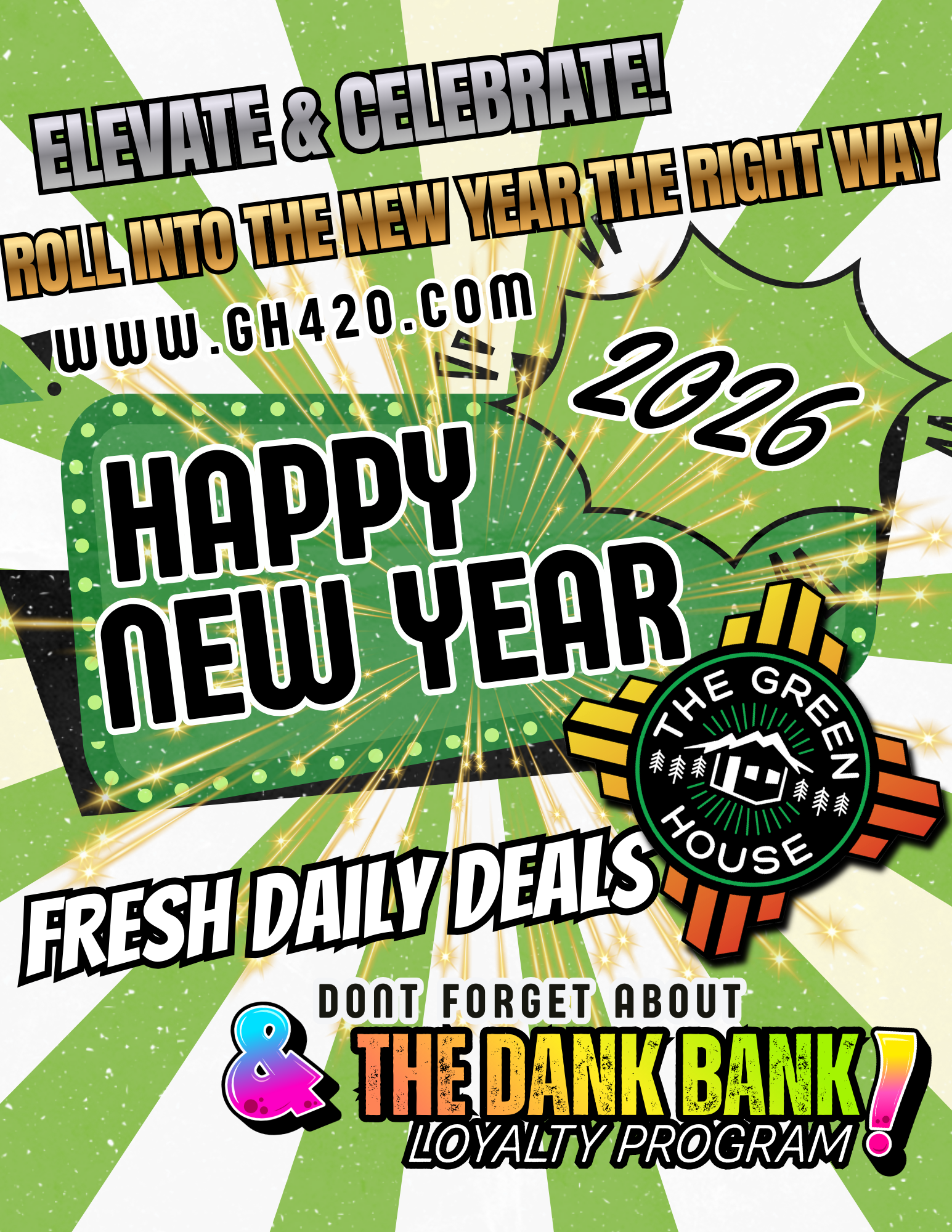 Festive green and white background with sparkles, featuring bold text celebrating the New Year 2026, promoting fresh daily deals, a loyalty program, and the Green House logo.