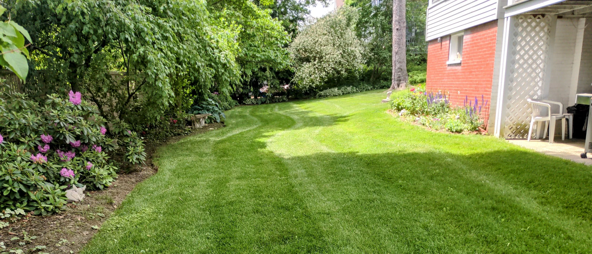 Well-maintained green lawn with flower beds along the house and bushes on the left side, trees and flowering plants in the background, and a portion of the house exterior on the right.