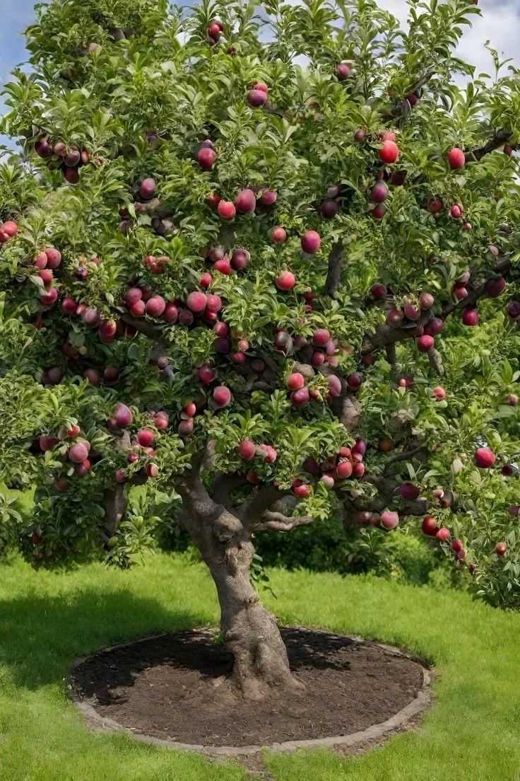 An apple tree with red and purple apples growing on it, situated in a grassy yard.