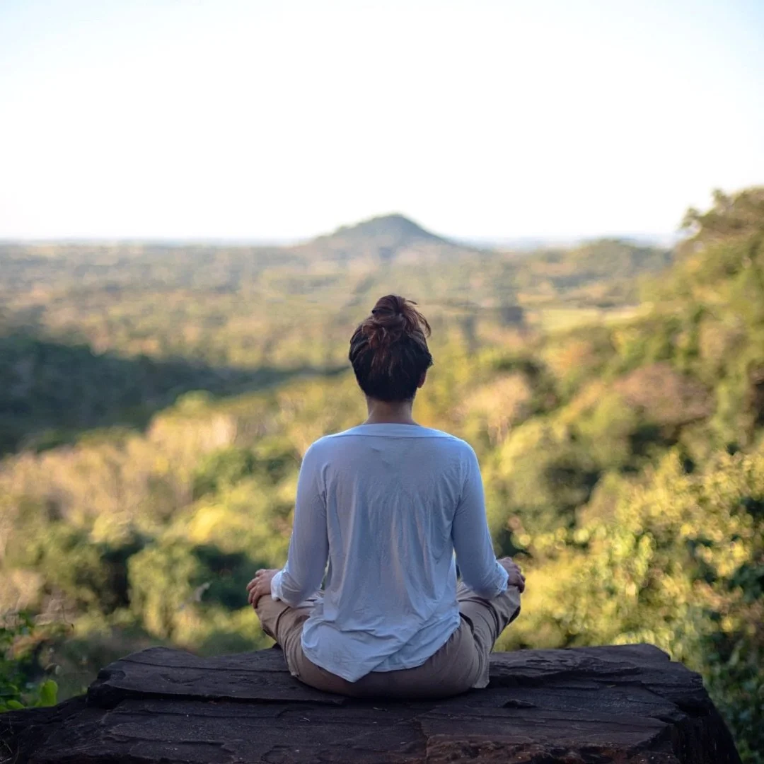 Person practicing meditation outdoors on a rock with a scenic mountain and forest in the background.
