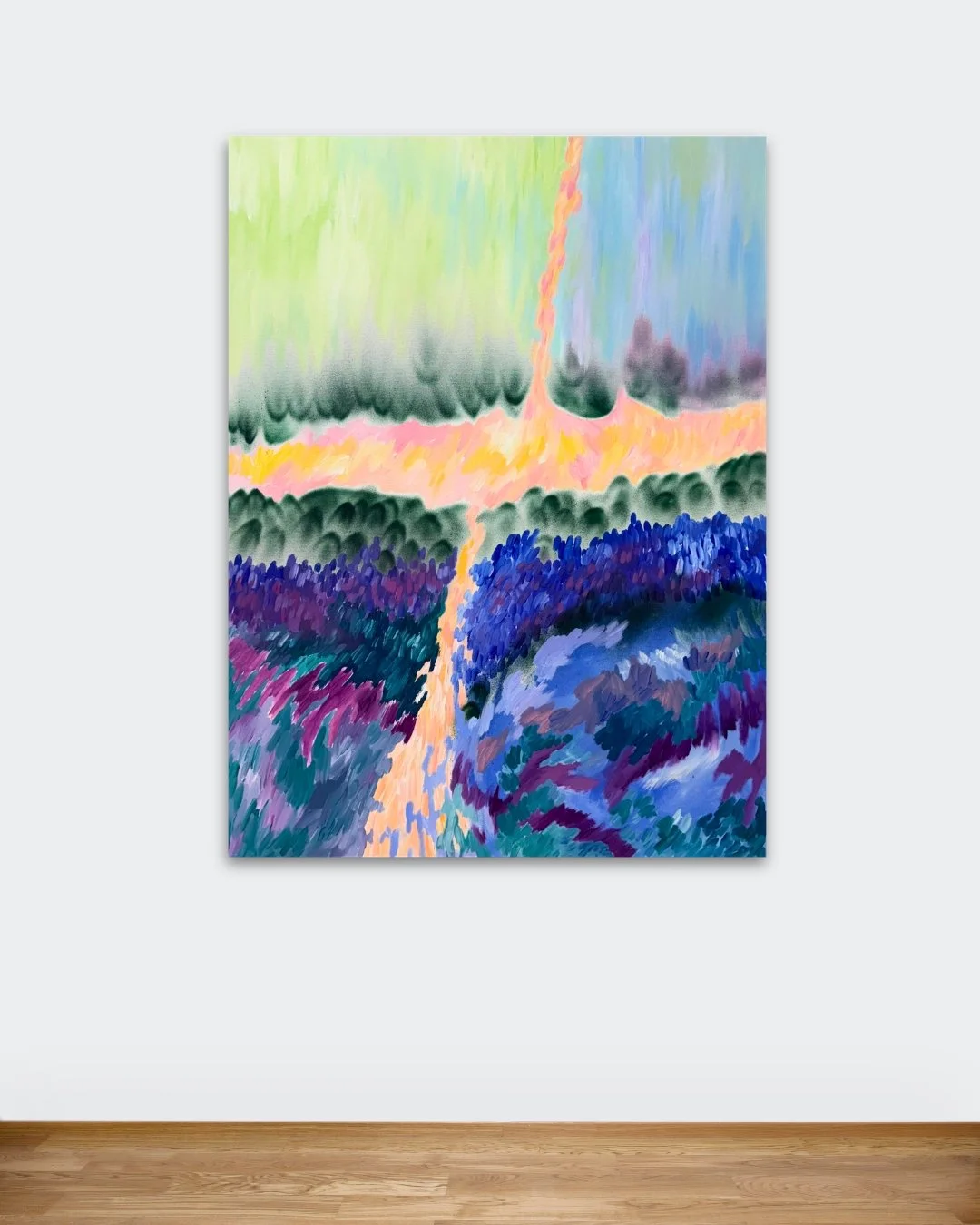 Ancestralidade do céu e da terra ecoa nos mares do tempo, 2024, acrylic, spray and oil pastel on canvas, 36x48in