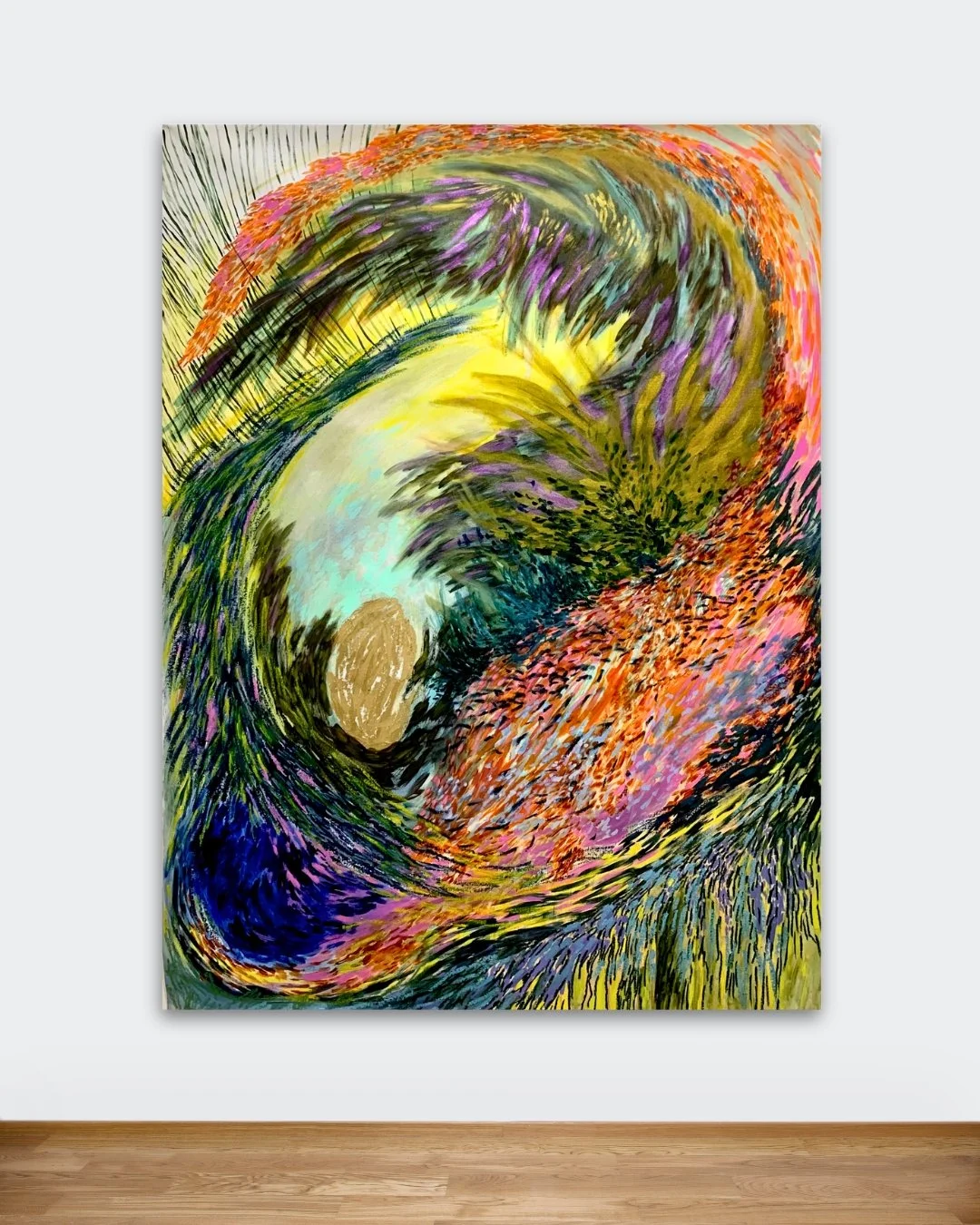 Quando o fogo se torna asa, 2022, acrylic, oil pastel on canvas, 48x63in