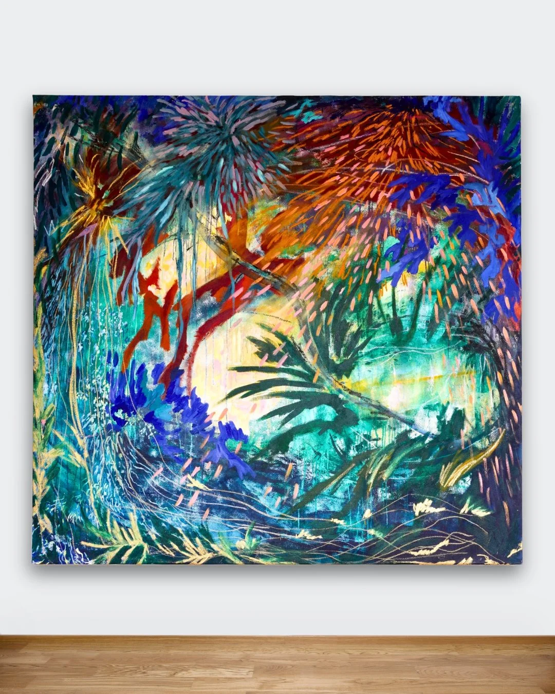 A mata das folhas que curam, 2024, acrylic, soft and oil pastel on canvas, 72x69in