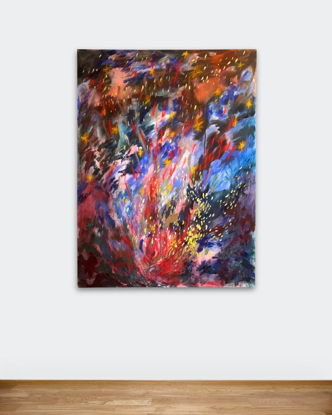 O fogo de minha alma canta e dança as canções do tempo, 2025, acrylic, spray, soft and oil pastel on canvas, 36x48in