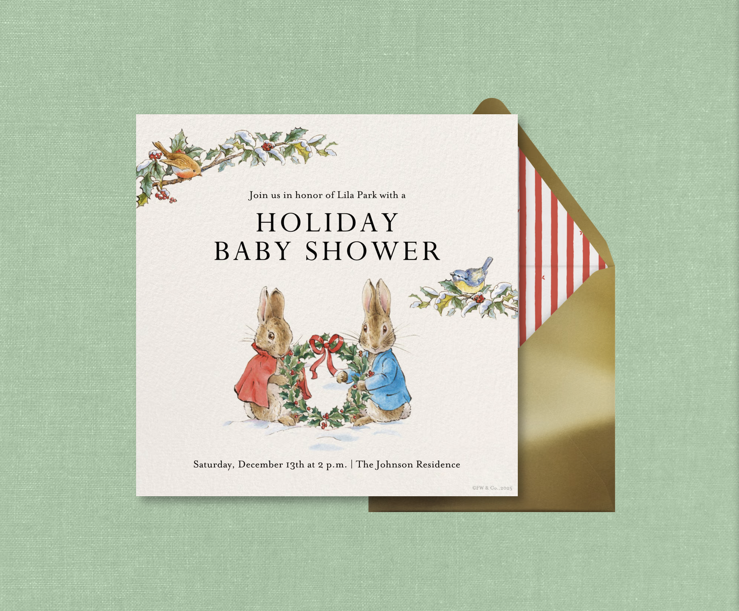 In collaboration with Peter Rabbit, individual illustrations are selected from their asset library and then arranged strategically to fit our standard card ratio and typesetting is applied. 