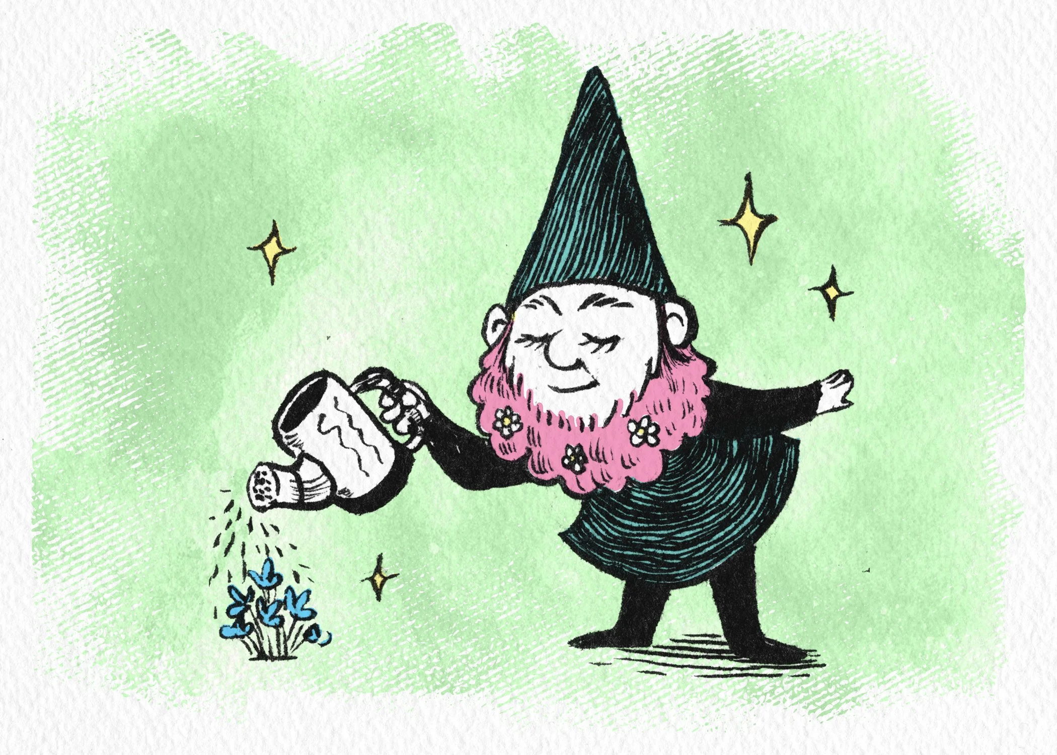 Part of a set of prints titled "Gardening Gnomes".