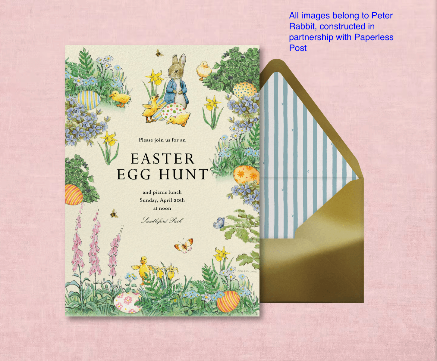 Featured in promotional e-mail, and one of the highest grossing Easter cards to date. In collaboration with Peter Rabbit, individual illustrations are selected from their asset library and then arranged strategically to fit our standard card ratio an