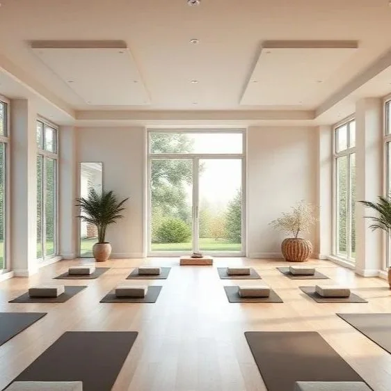 A serene open studio with large windows and floor mats, prepared for a community sound bath and shared presence in the St. Louis area.