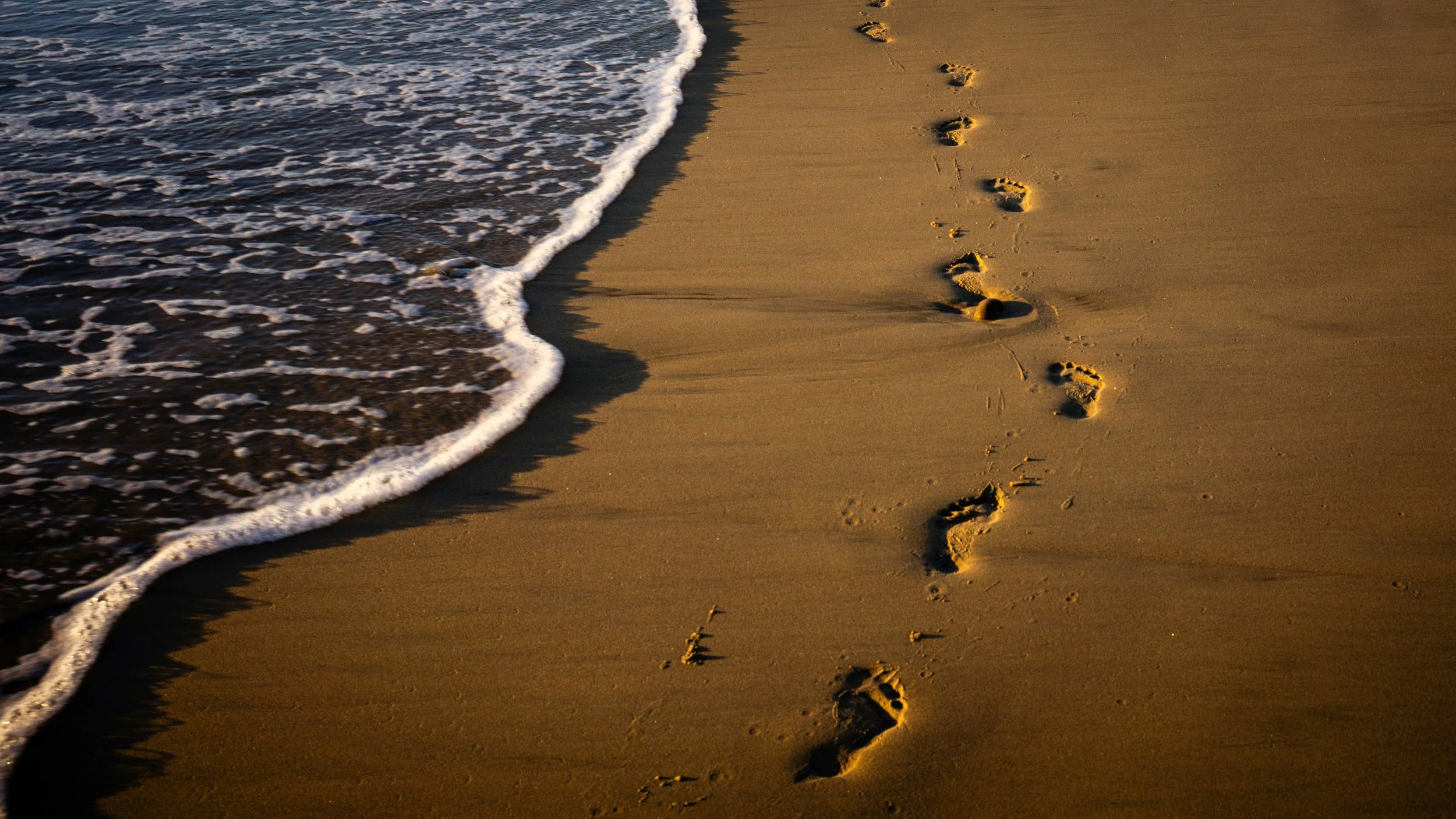 Footprints in wet sand along a shoreline with the tide visible in the background
