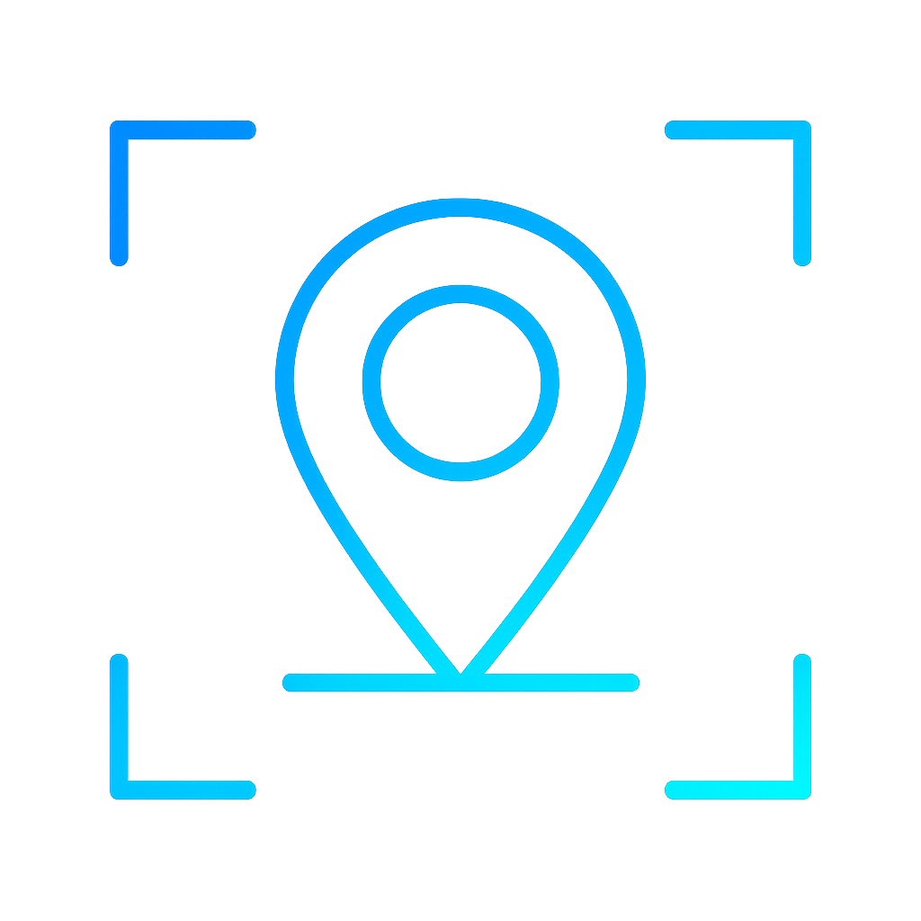Digital illustration of a GPS pin icon inside a blue, glowing map marker, with a rectangular base, on a black background.