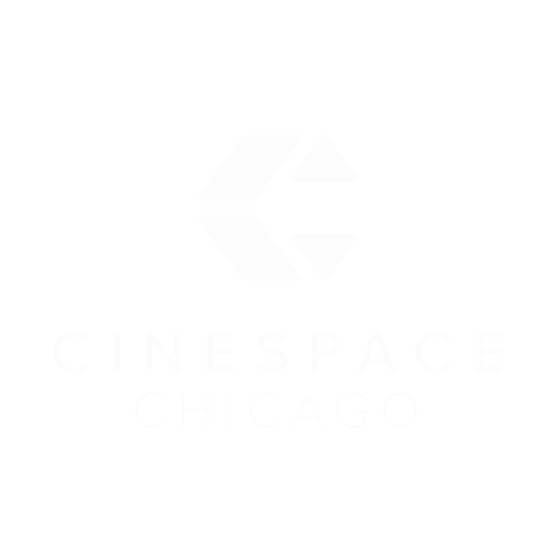 Cinespace Chicago logo with black background and white geometric symbol and text.