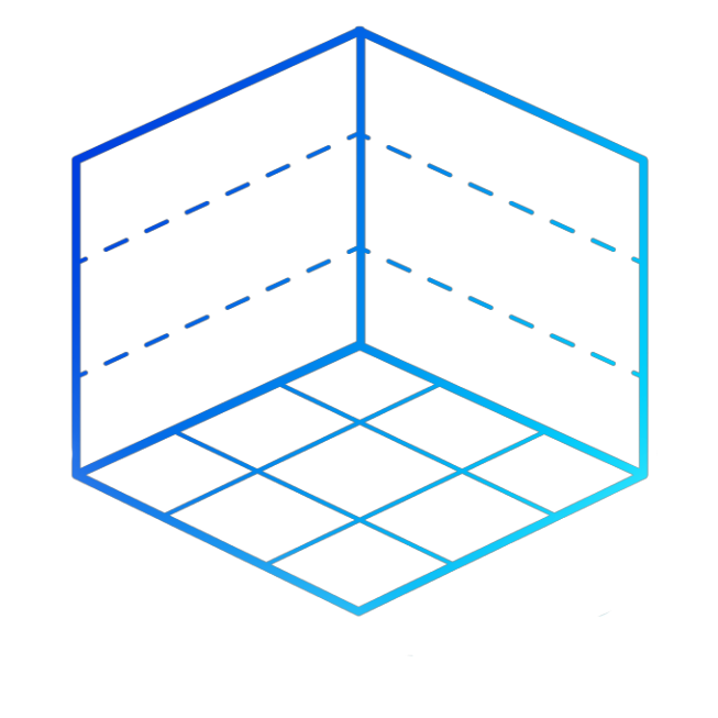 A digital wireframe representation of a three-dimensional cube with interior shelves and measurements, displayed with blue neon lines on a black background.