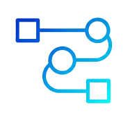 Diagram with connected nodes and paths, featuring squares and circles, on a black background.