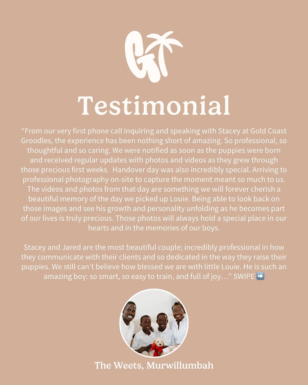 It was an absolute pleasure pairing sweet Louie with his forever family, the Weets. This snuggly little guy is in for a lifetime of love &amp; adventures with his 3 brothers. 🥹🐾
#gcgfamily #goldcoastgroodles