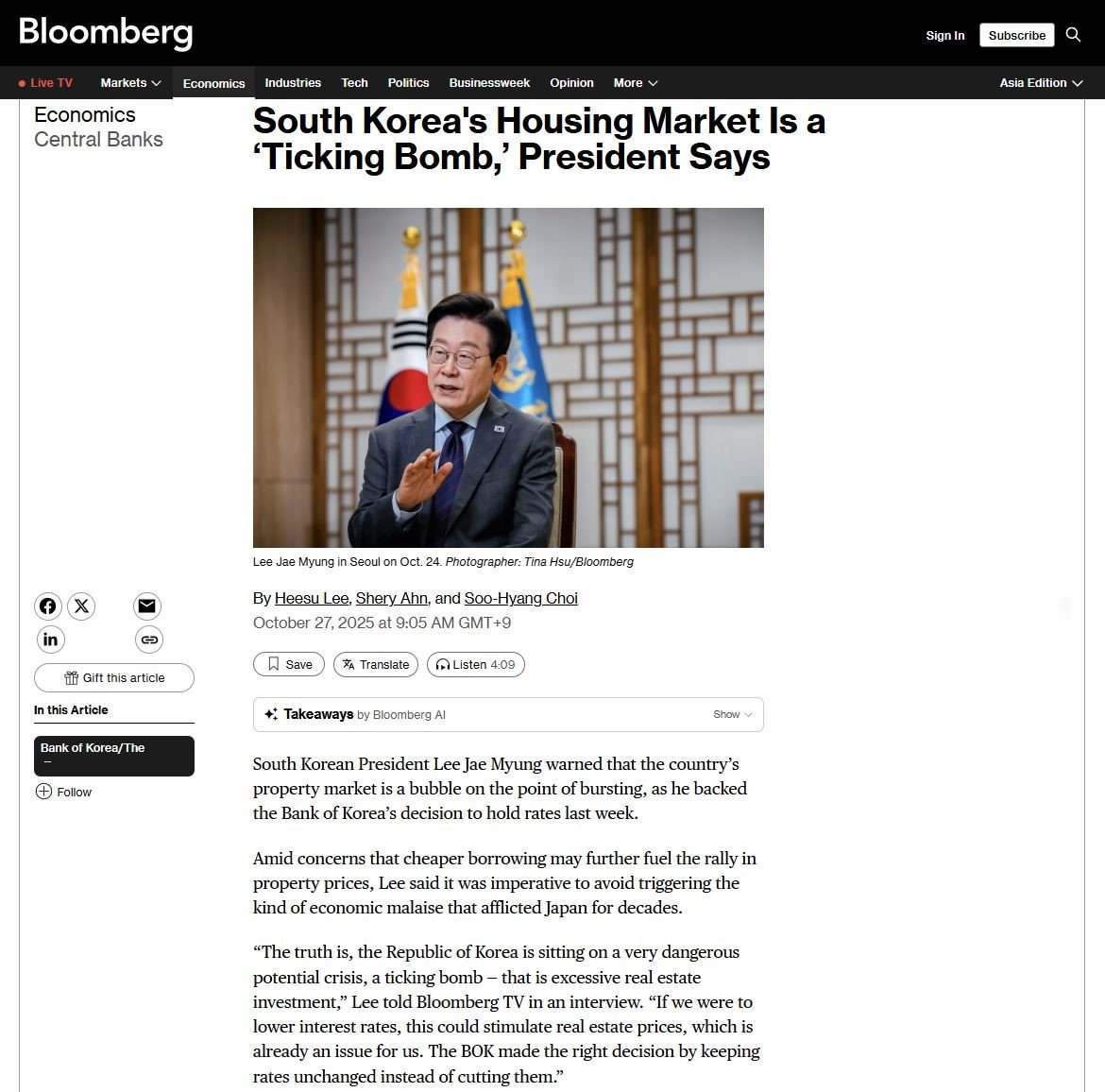Bloomberg - South Korea's Housing Market Is a ‘Ticking Bomb,’ President Says