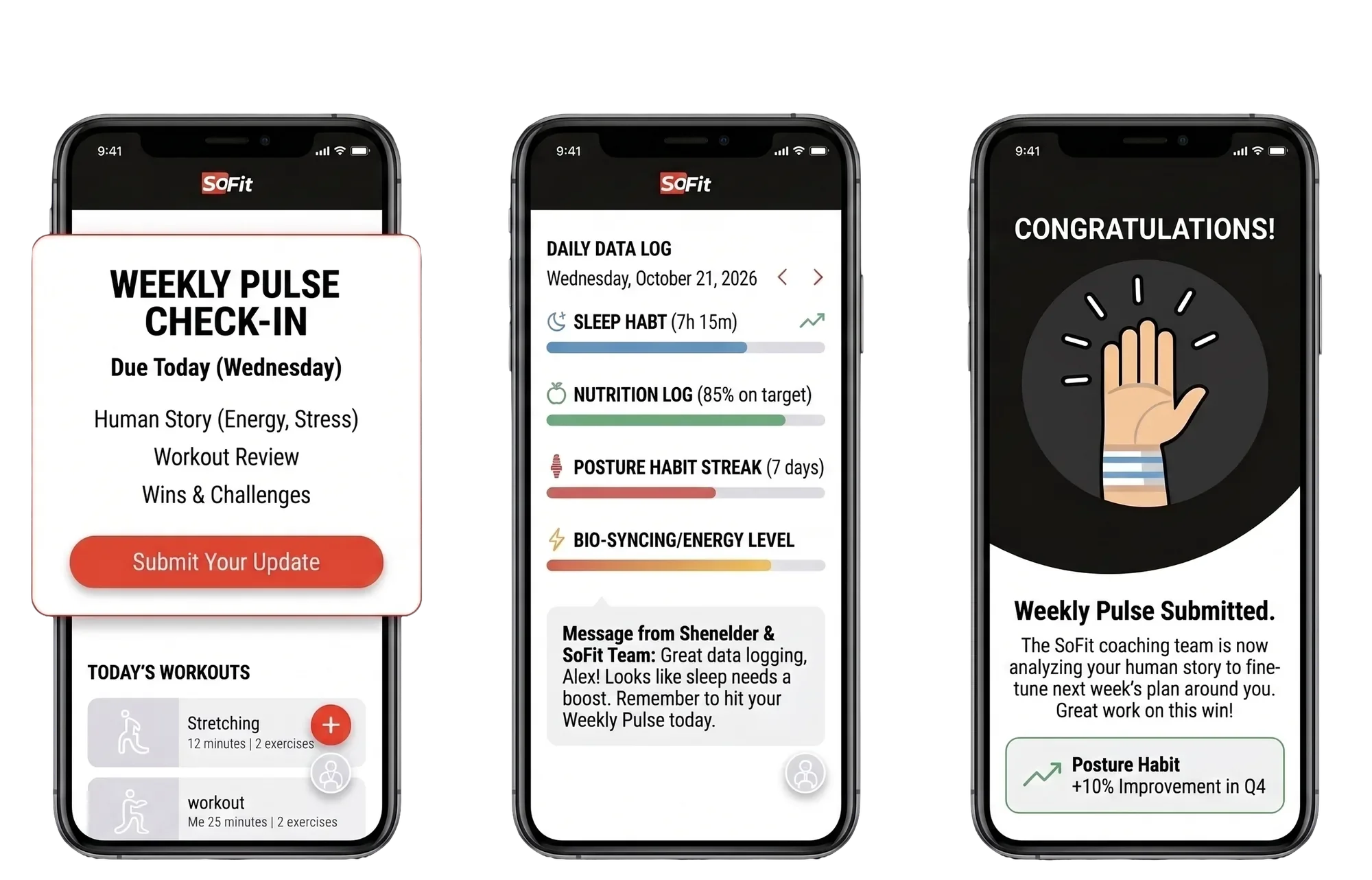 SoFit personal training app showing a client workout plan, nutrition targets, and progress tracking