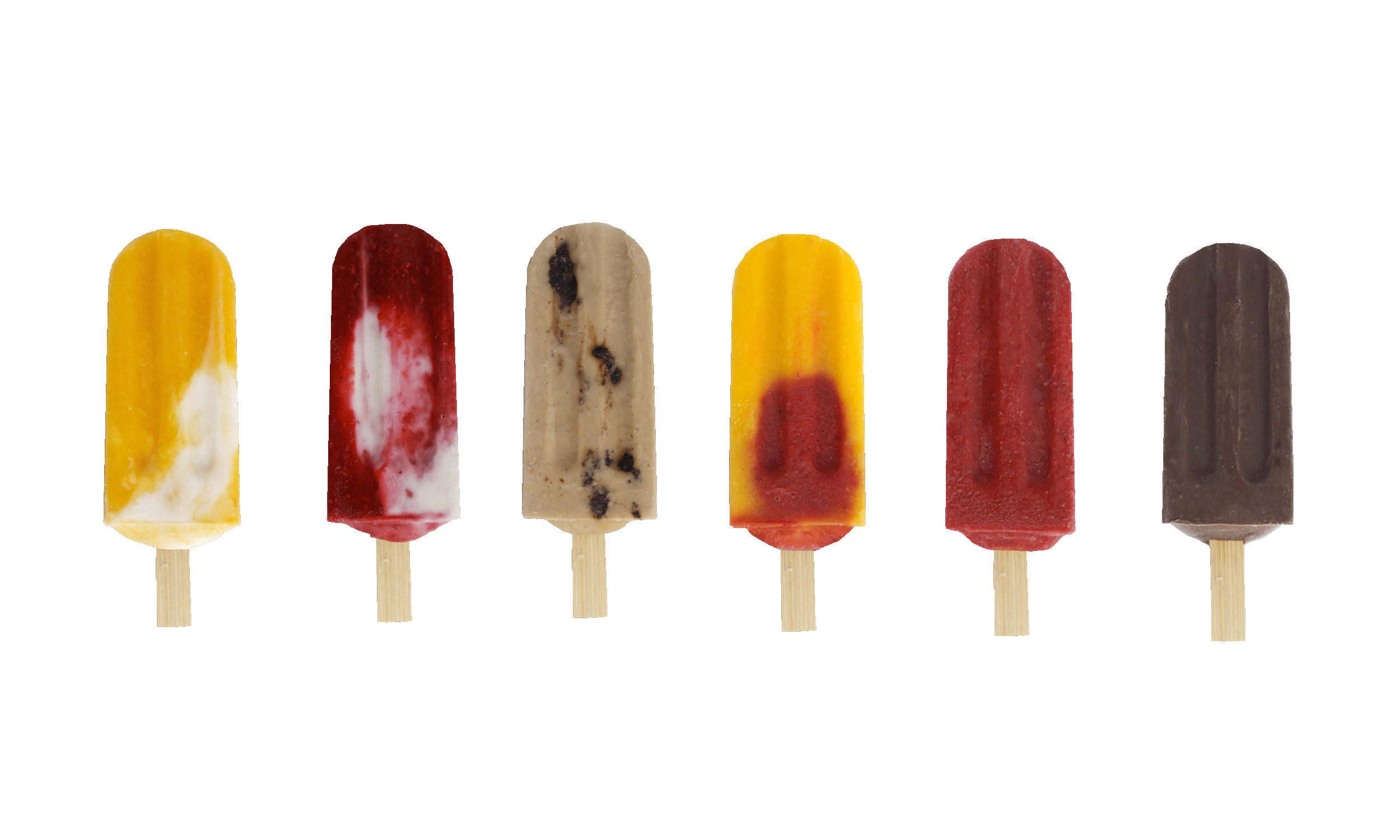 Six colorful popsicles lined up against a black background