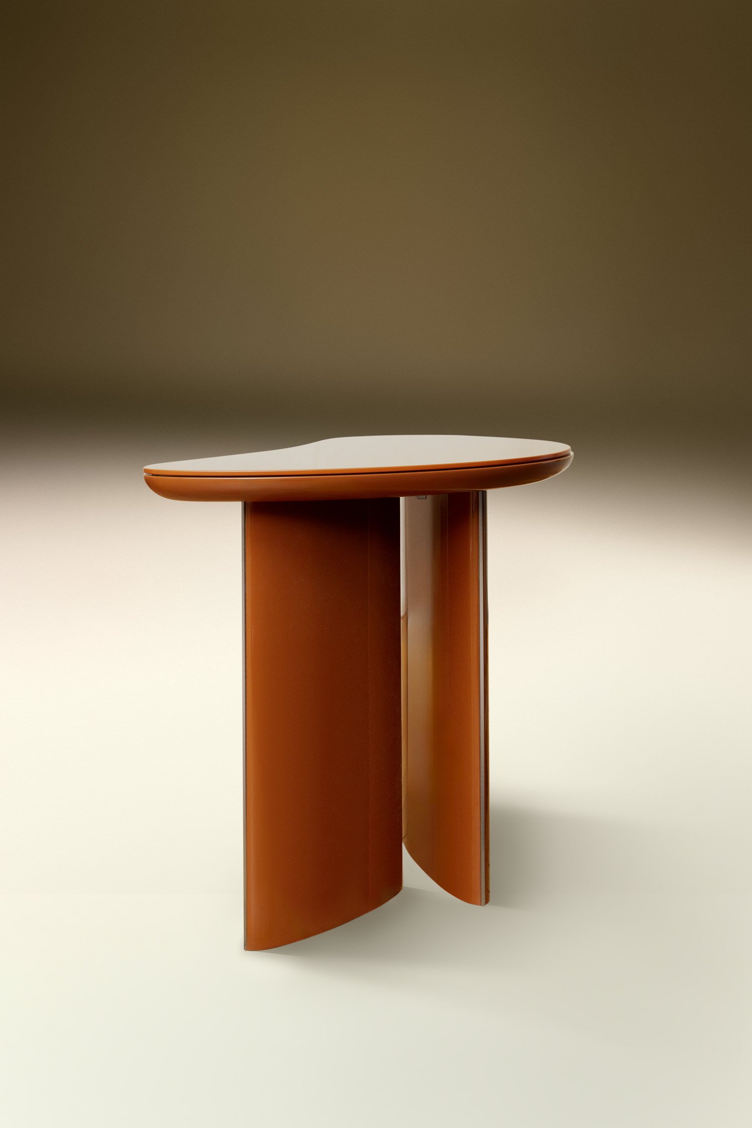 Brown modern side table with curved edges and minimalist design