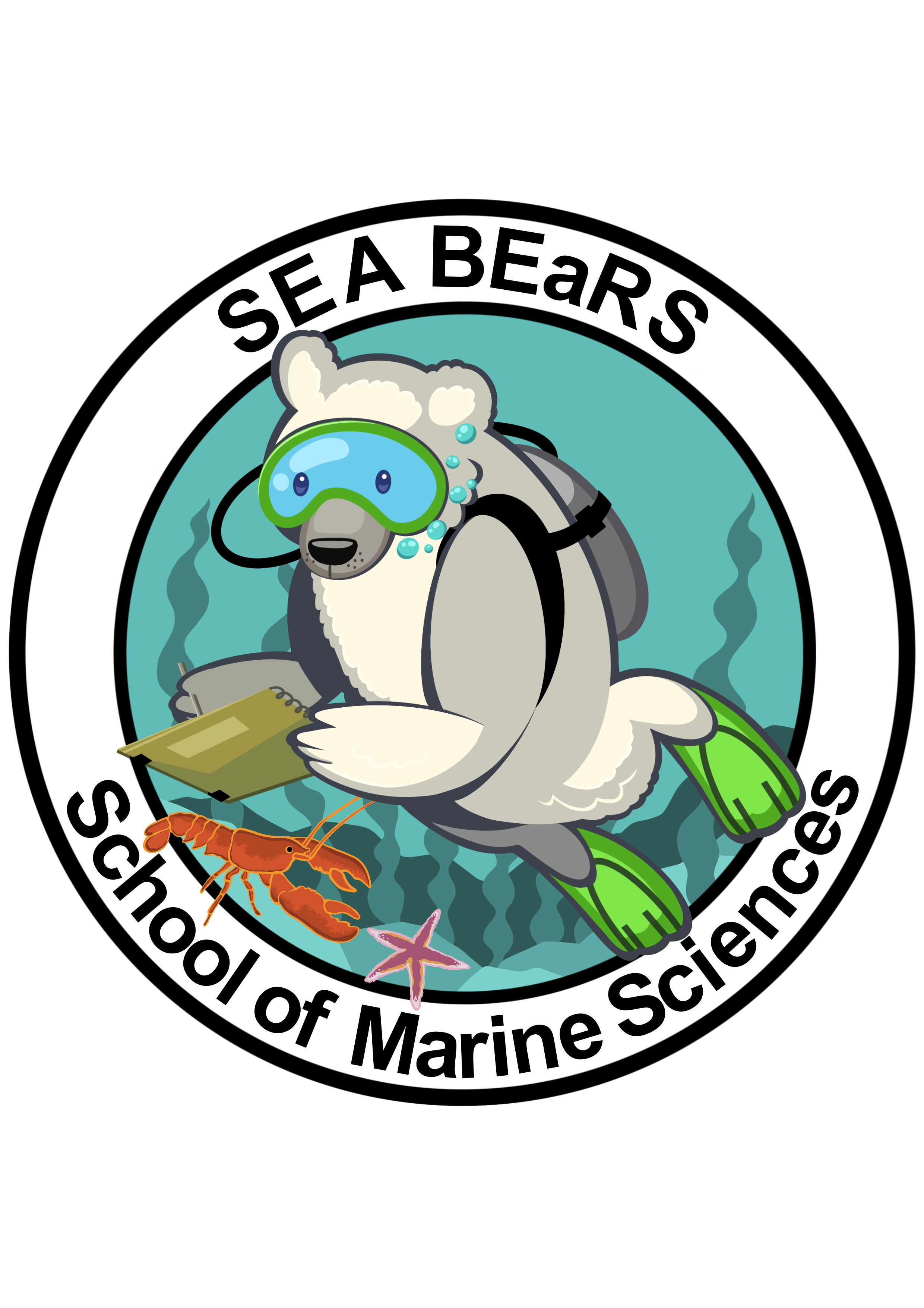 A cartoon polar bear wearing scuba diving gear and green fins, holding a notepad, surrounded by sea creatures including a lobster and a starfish, with the text "Sea Bears School of Marine Science" around the border.