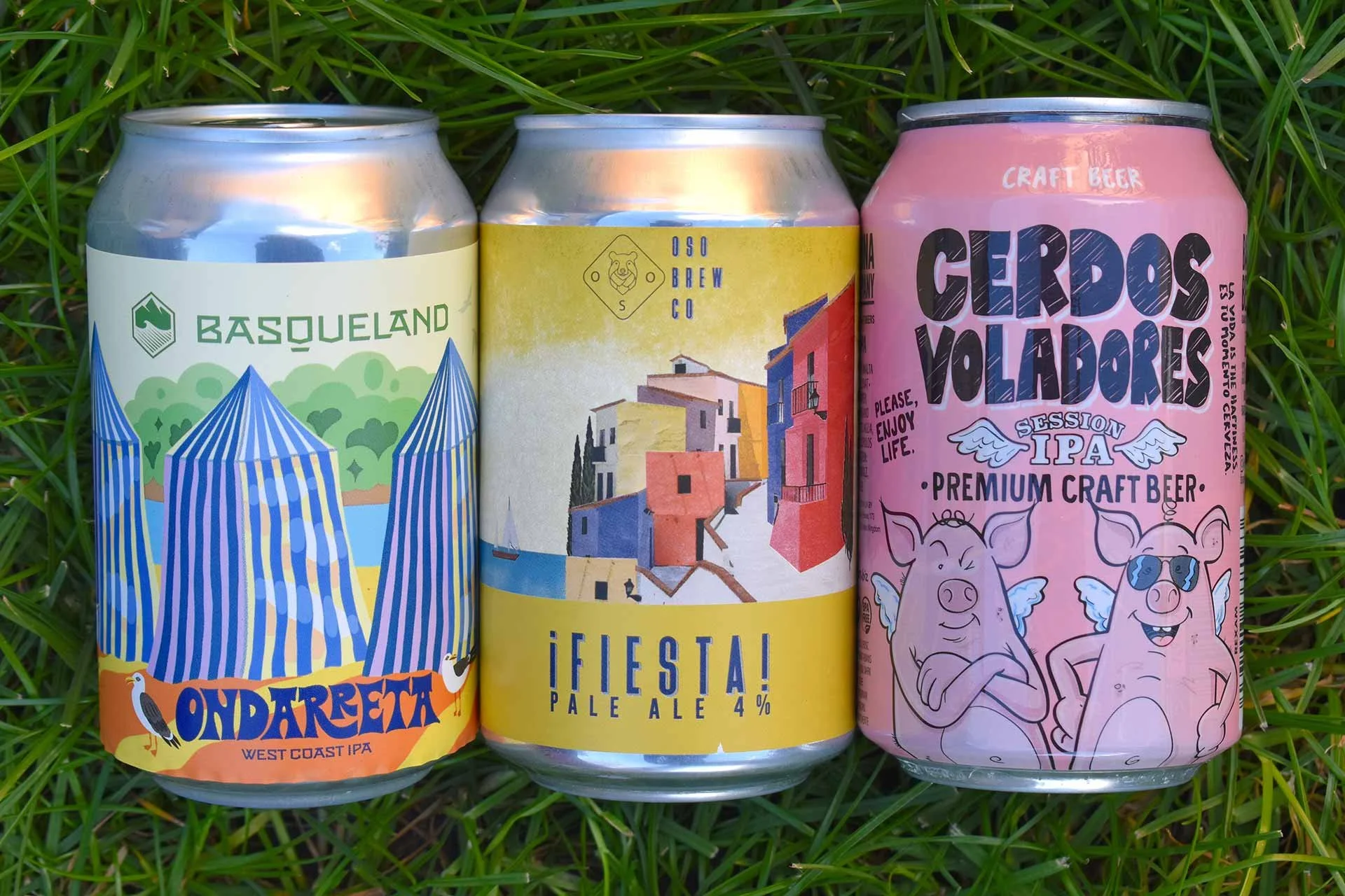 Craft beer cans on grass floor