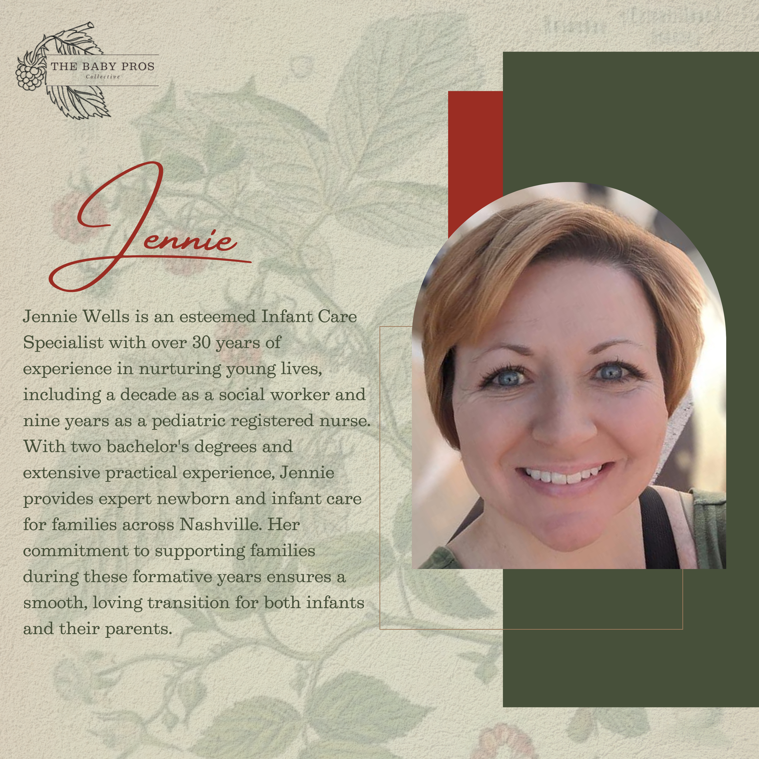Profile card of Jennie Wells, an infant care specialist, featuring a close-up portrait of her smiling with short blonde hair and blue eyes, against a background of soft pastel colors and botanical illustrations.