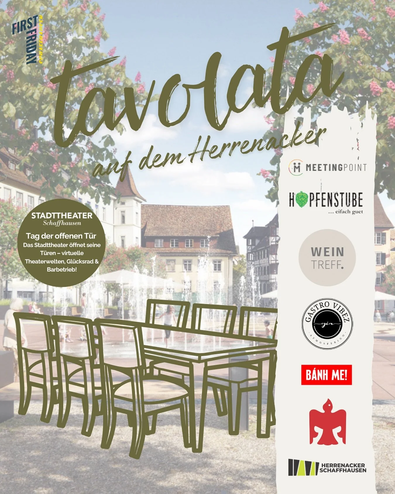 HEUTE IST WIEDER @firstfriday_schaffhausen - und TAVOLATA ist angesagt!

Wir freuen uns bereits riesig euch gemeinsam mit unseren Freunden vom @meetingpoint_schaffhausen, @oekk.ch &amp; @ekzeltop auf dem Herrenacker zu begr&uuml;ssen! 

Kulinarisch v