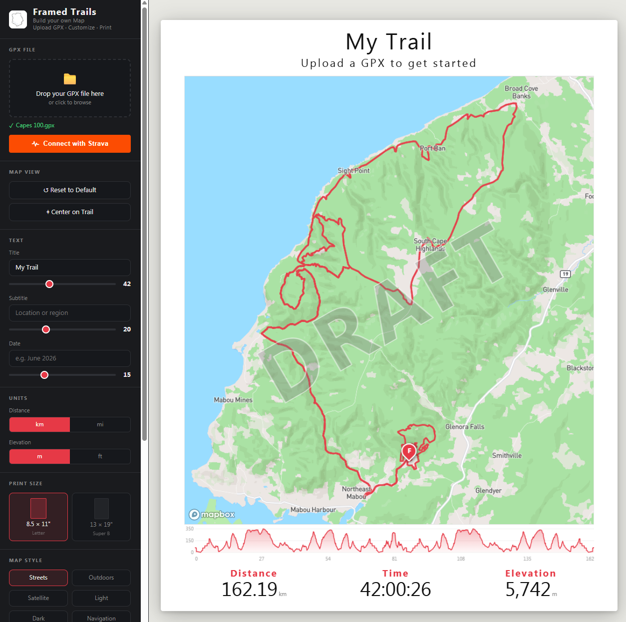 Map showing a trail route along the coastline with elevation and distance data, titled 'My Trail'.